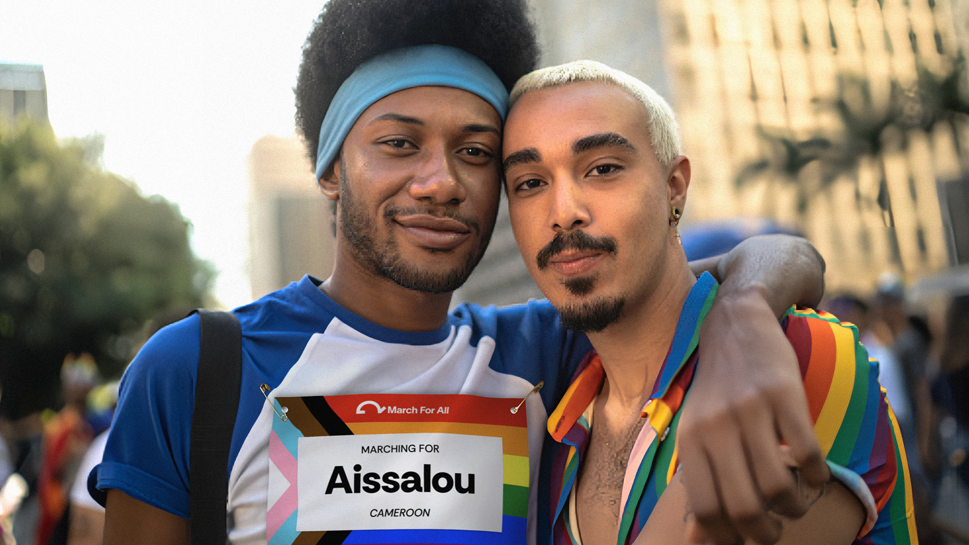Two marchers, one with bib Two marchers, one with bib